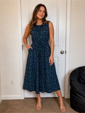 J. Crew Navy Sleeveless Floral Midi Dress